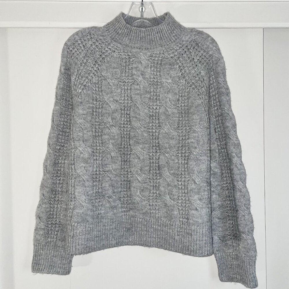 J. Crew Womens Cable Knit Wool Blend Sweater Size M Mock Neck Gray - Picture 13 of 13